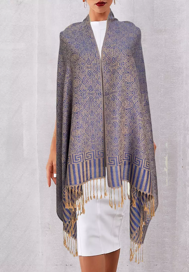 Aksesoris Wanita Reversible Viscose Floral Bateeqa Pattern Pashmina Shawl Syal Wanita Indigo Blue