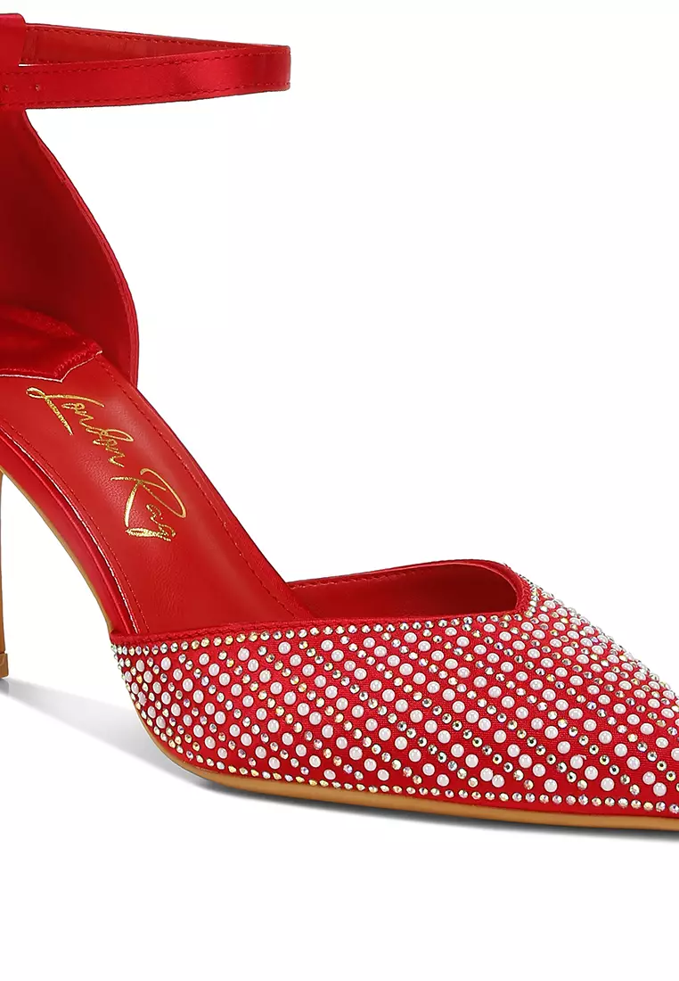 Pearls & Sequins Embellished Stiletto Sandals in Red