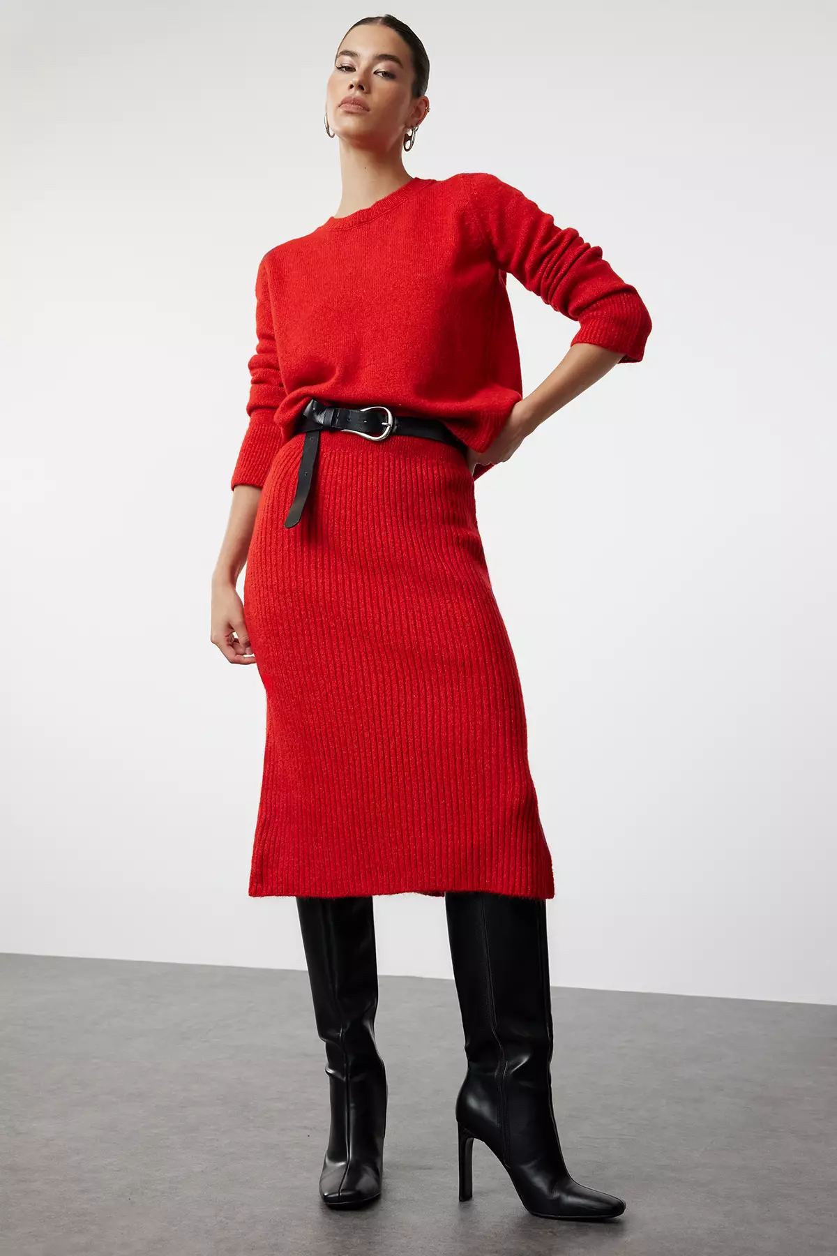 Red Soft Textured Knitwear Bottom-Top Set
