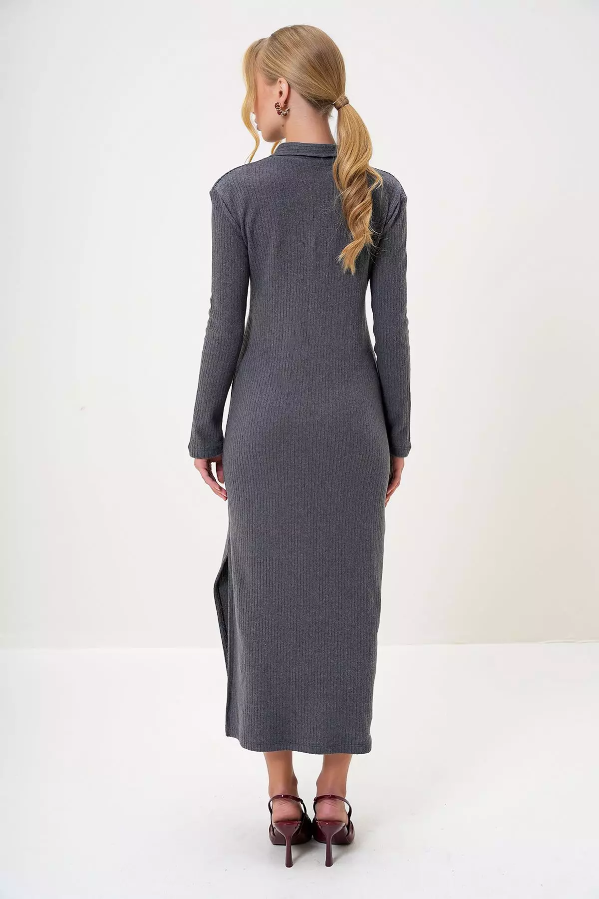 Women's Anthracite Polo Collar Half Placket Side Slit Interlock Fabric Dress