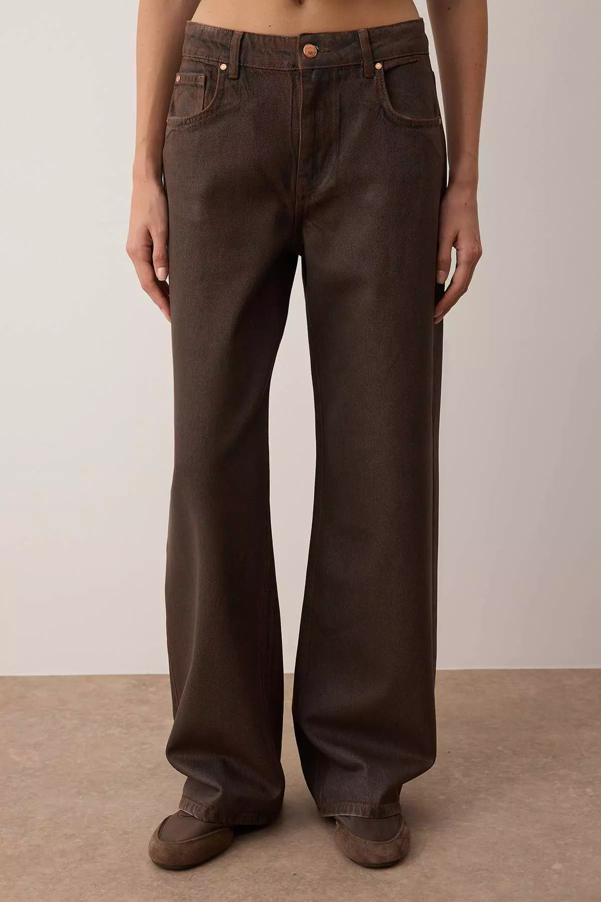 Brown Regular Waist Denim Coated Detailed Leather Look Wide Leg Jeans Twoaw26Je00117