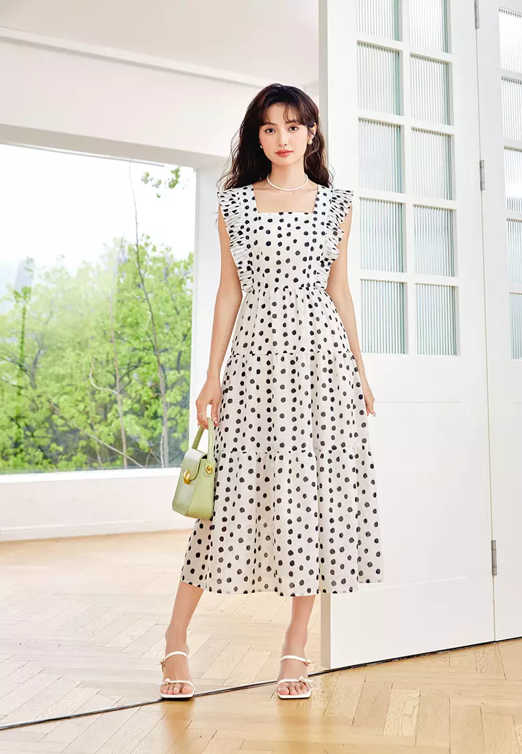 Hopeshow Polka Dot Ruffle Strap Tiered Midi Dress 2025 Buy