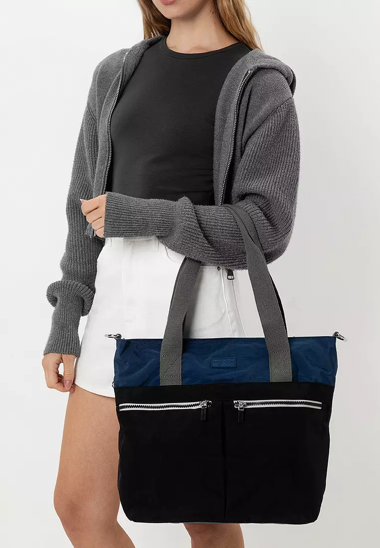 Colour Block Nylon Convertible Tote Bag