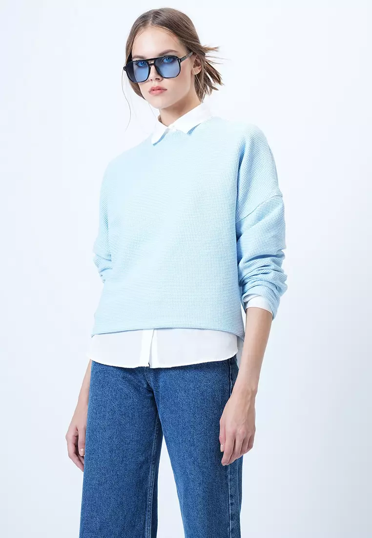 Blue Crew Neck Bat Sleeve Wide Cut Basic Blouse Alc-X14391