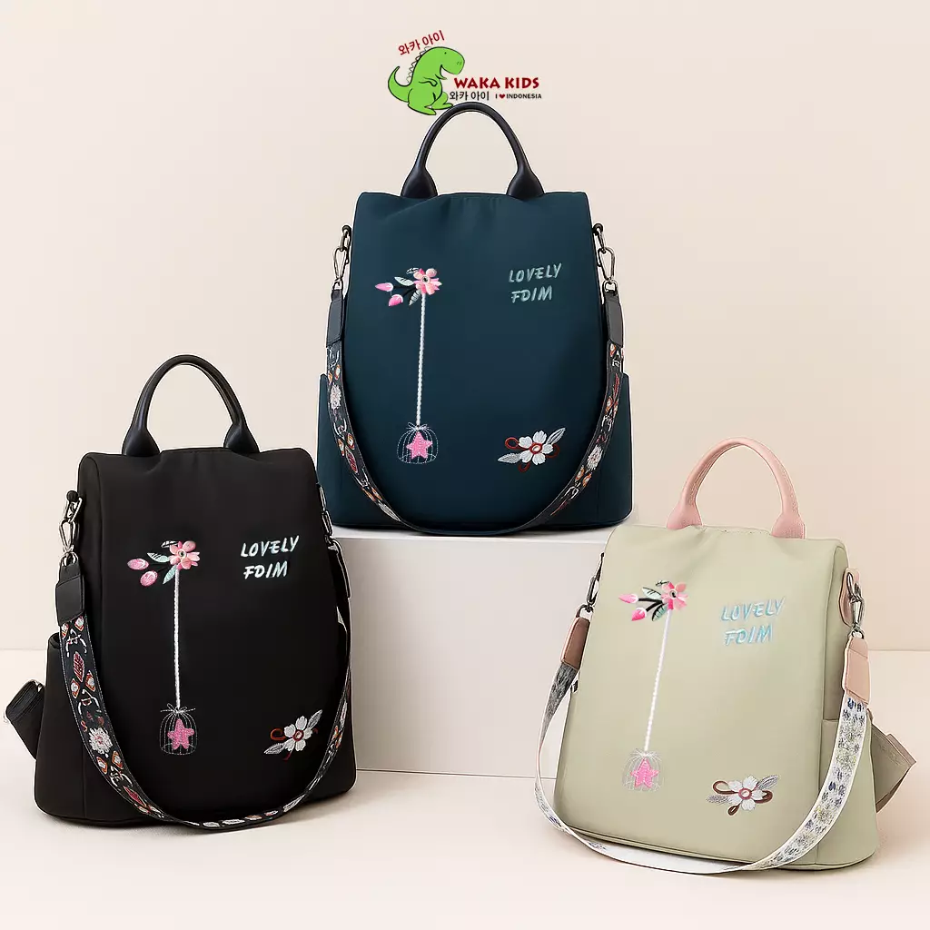 Wakakids Tas Backpack Wanita 2in1 Ransel dan Selempang Lovely Flowers Anti Maling dan Air Venrz Cream