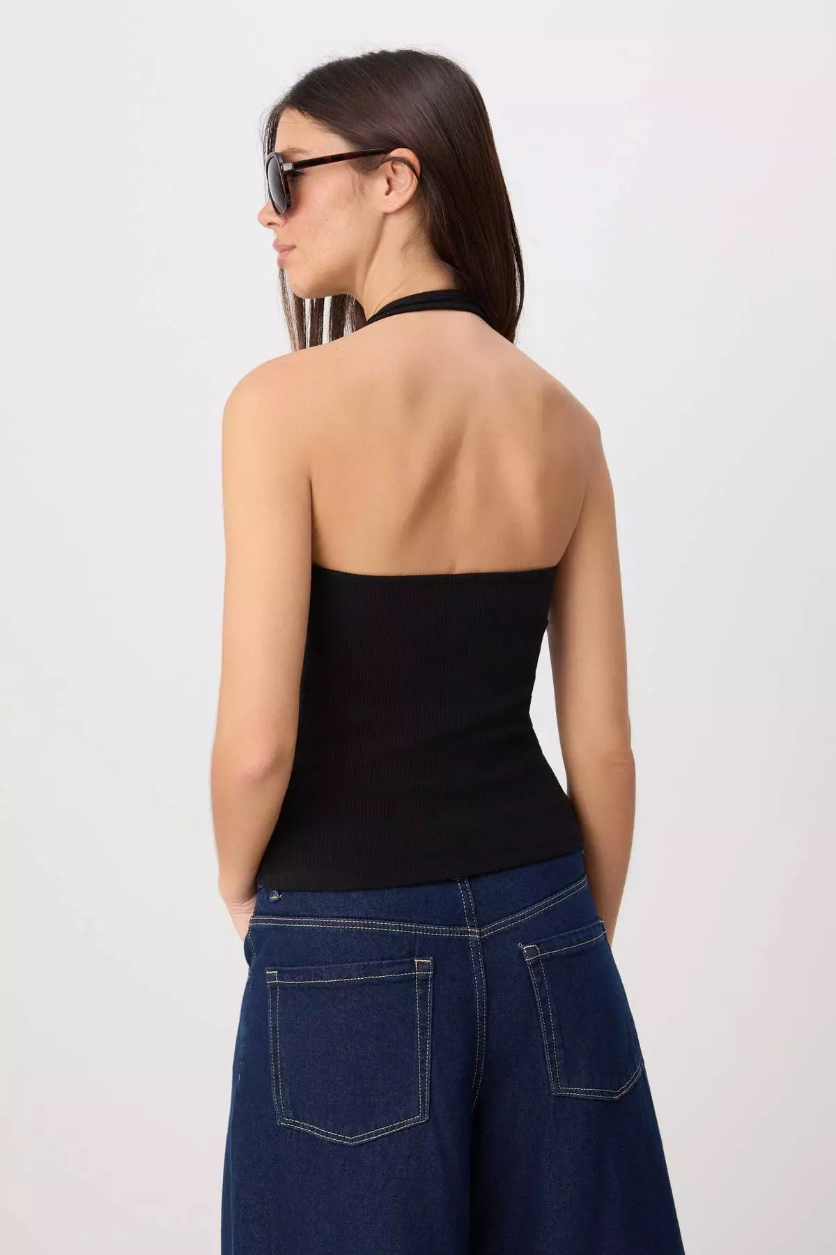 Black Fitted/Bodycon Halter Neck Tie-Detail Sleeveless Corded Fabric Stretchy Knitted Blouse Twoss26Bz00763