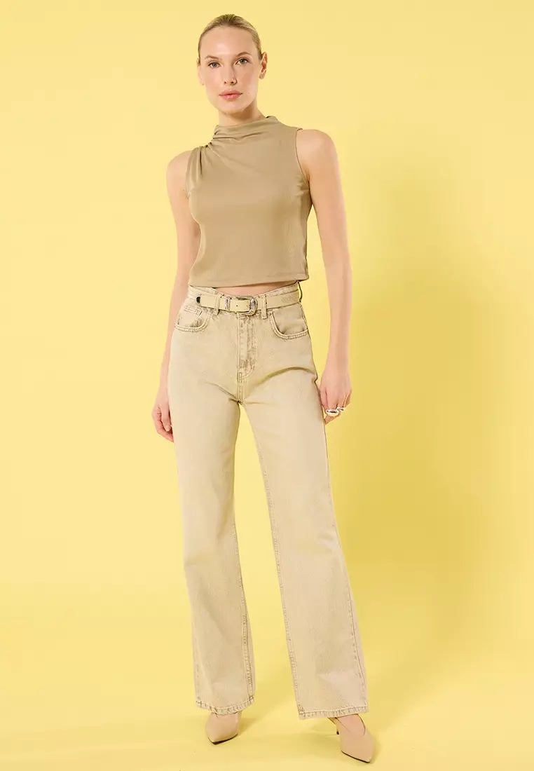 Mink Gathered Detail Regular Pattern Crop Knitted Blouse