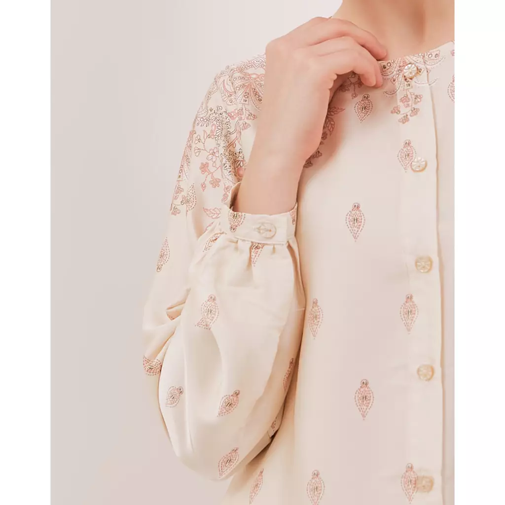Urban Exchange Blouse Shula Beige - Atasan Blus Wanita Satin Cream Motif Prints