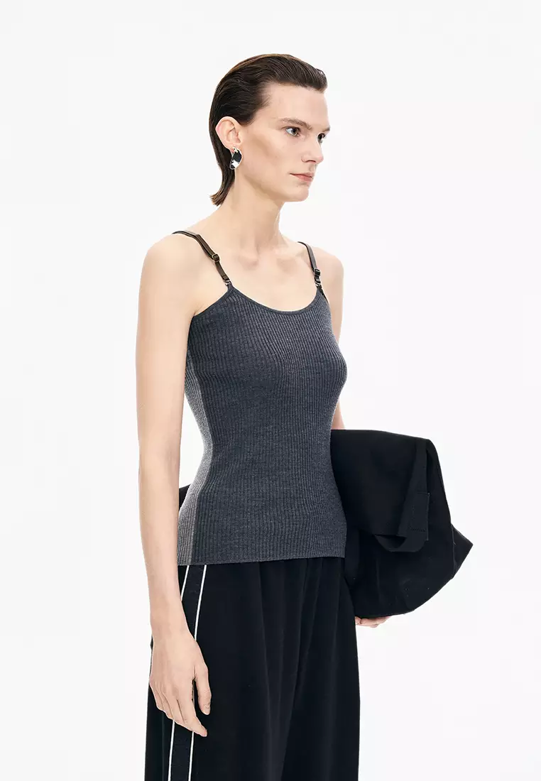 Merino Wool Ribbed Strap Sleeveless Knit Vest