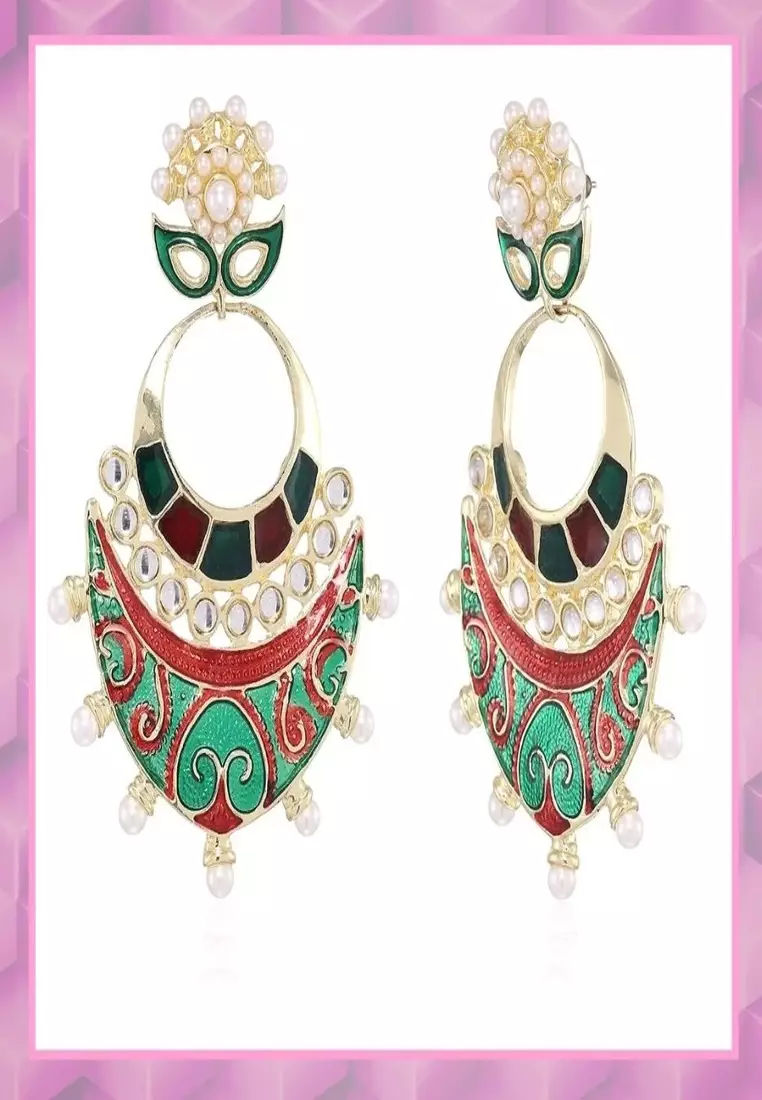 Estele Red Colour And Green Colour Enamel Dangle Earrings For Women