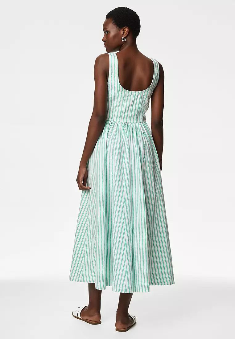 Pure Cotton Striped Midi Waisted Cami Dress
