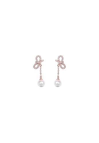 ZITIQUE gold Women's Diamond Embedded Bowknot Pearl Pendant Earrings - Rose Gold 4429BAC0D38F8AGS_1