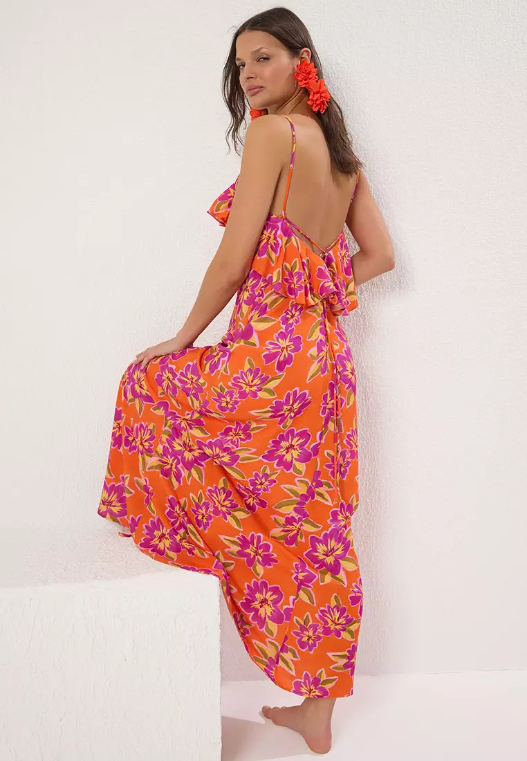 Floral Patterned Maxi Woven Backless Beach Dress TBESS19WY0004