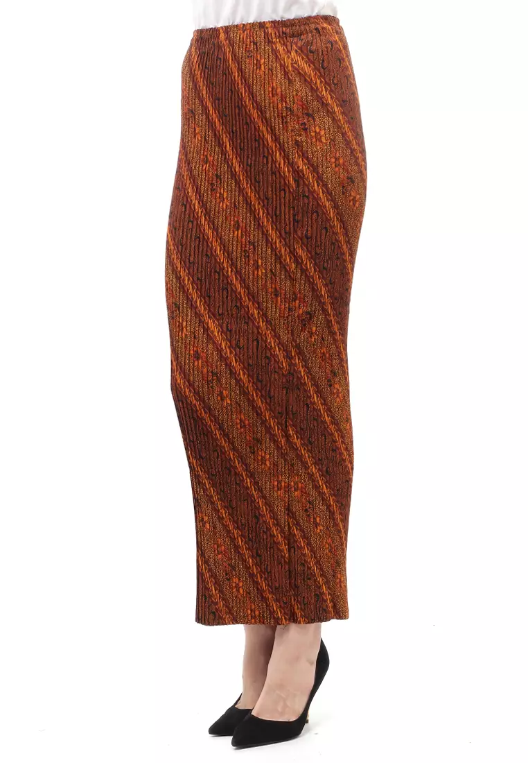 Rok Plisket Motif Batik Bawahan Wanita Design Casual - Parang Coklat Maroon
