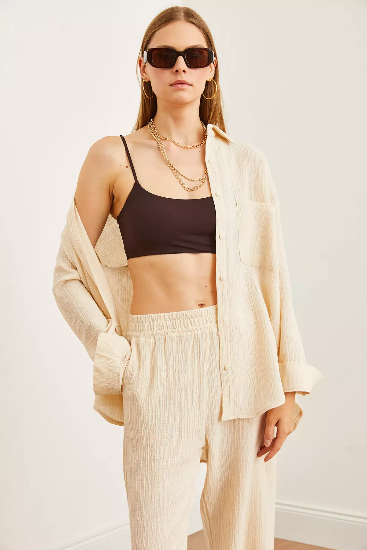 Oversize Stone Colored Women's Muslin Shirt - Gml- 19001217