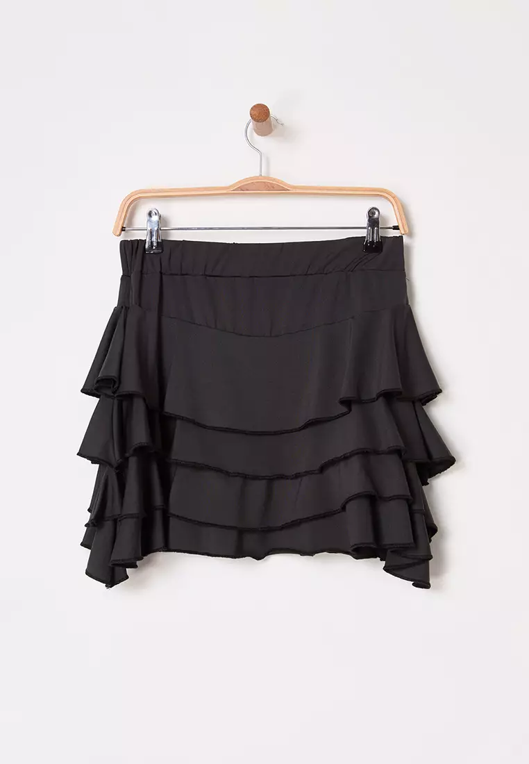 Black Plain Skirt With Ruffle Mini Elastic Knitted Skirt