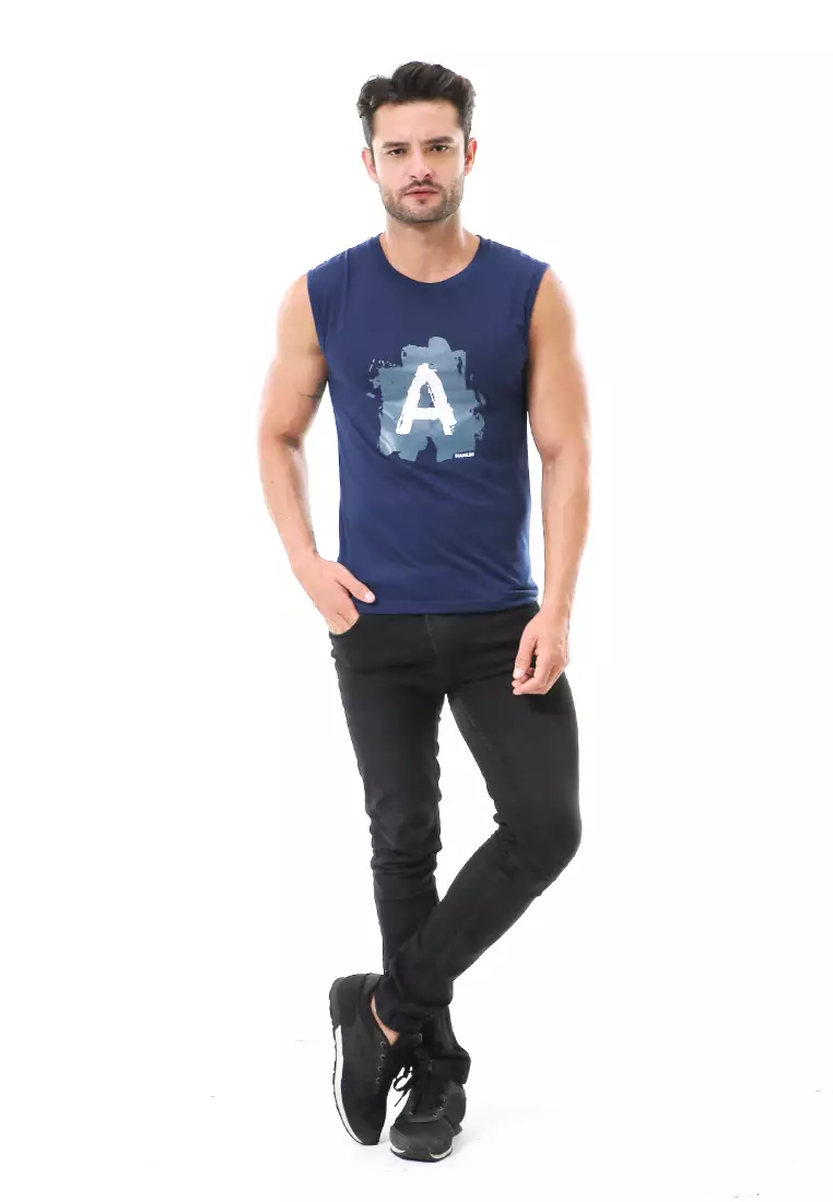 Bobby Atasan Kasual Pria Singlet Motif Huruf A Atasan Tanpa Lengan Material Cotton ORIGINAL - Navy