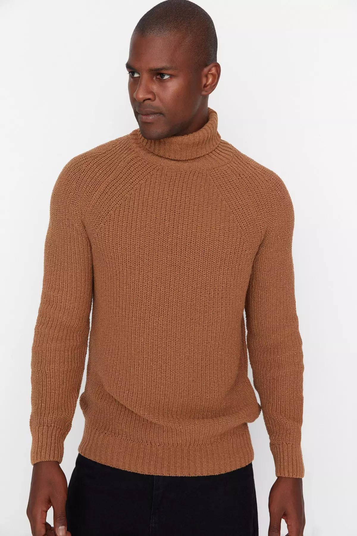 Camel Men Slim Fit Turtleneck Raglan Sleeve Basic Knitwear Sweater