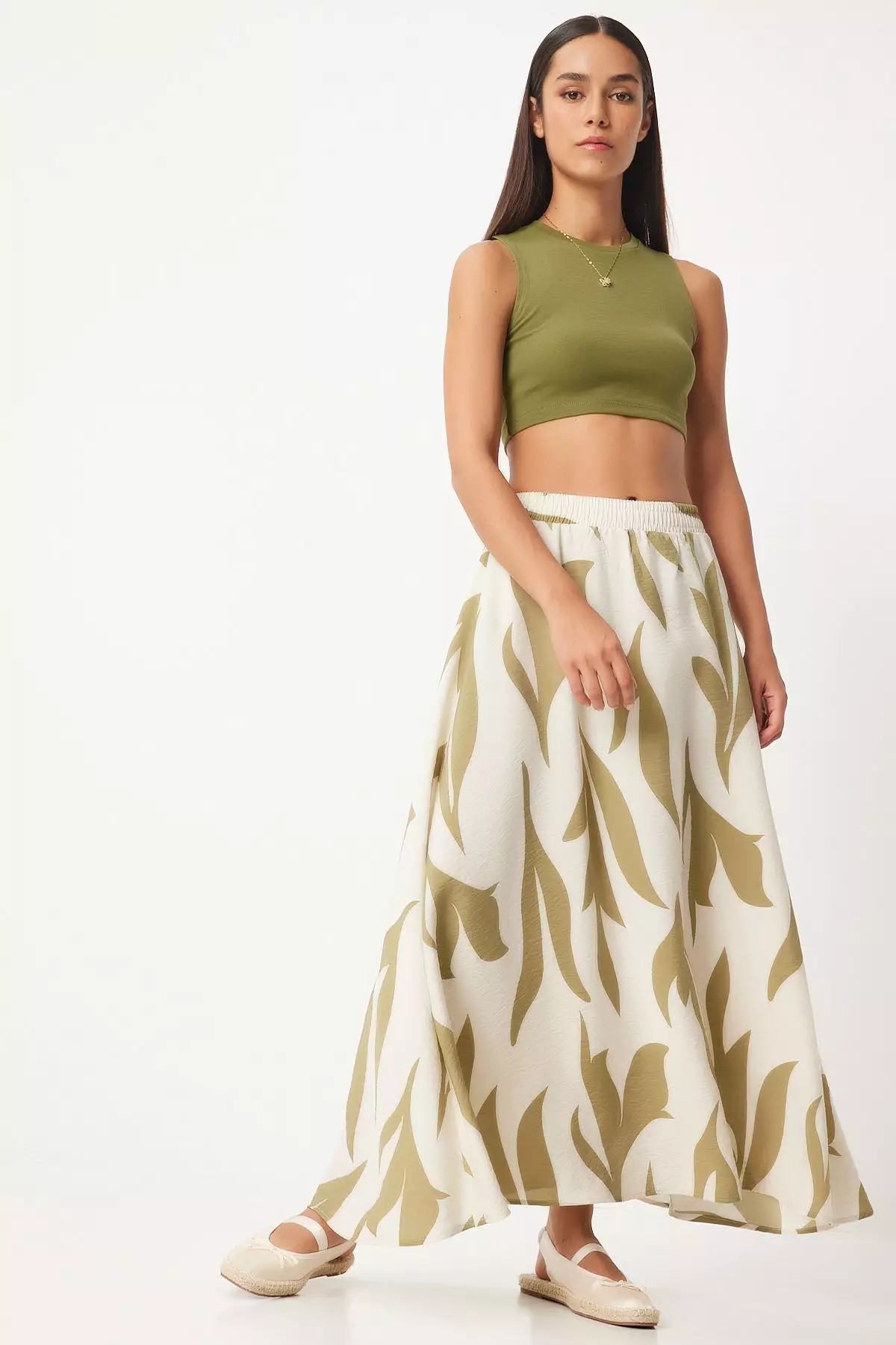 Beige Patterned Regular Basic Elastic Waist Skirt