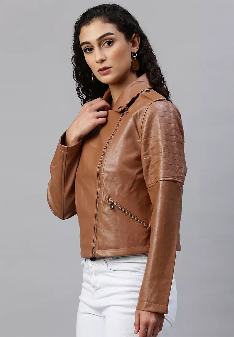 Camel leather moto new arrivals jacket