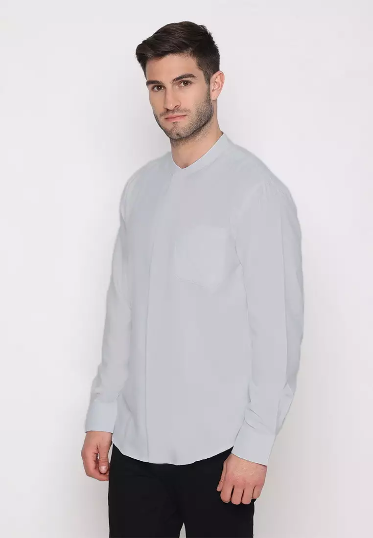 POLICE Kemeja Koko Polos Cotton Soft Grey Regular Fit Lengan Panjang Pria