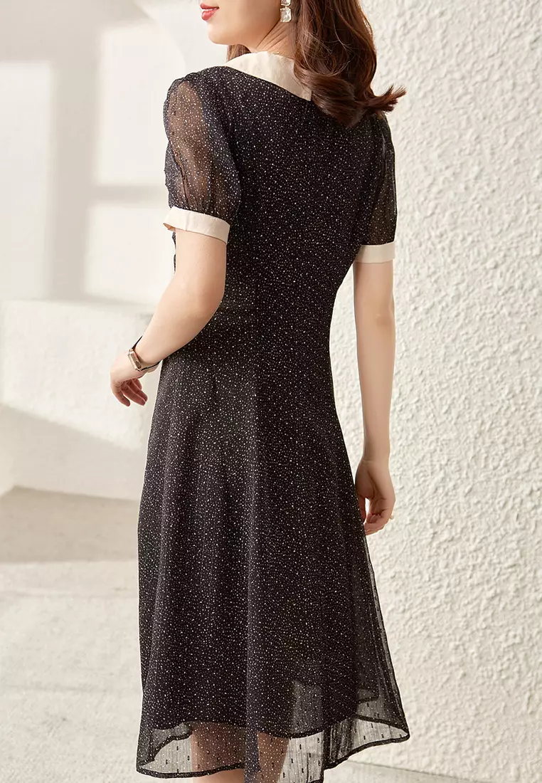 Buy ONX.HK Polka Dot Lapel Neck Waist Chiffon Dress 2024 Online