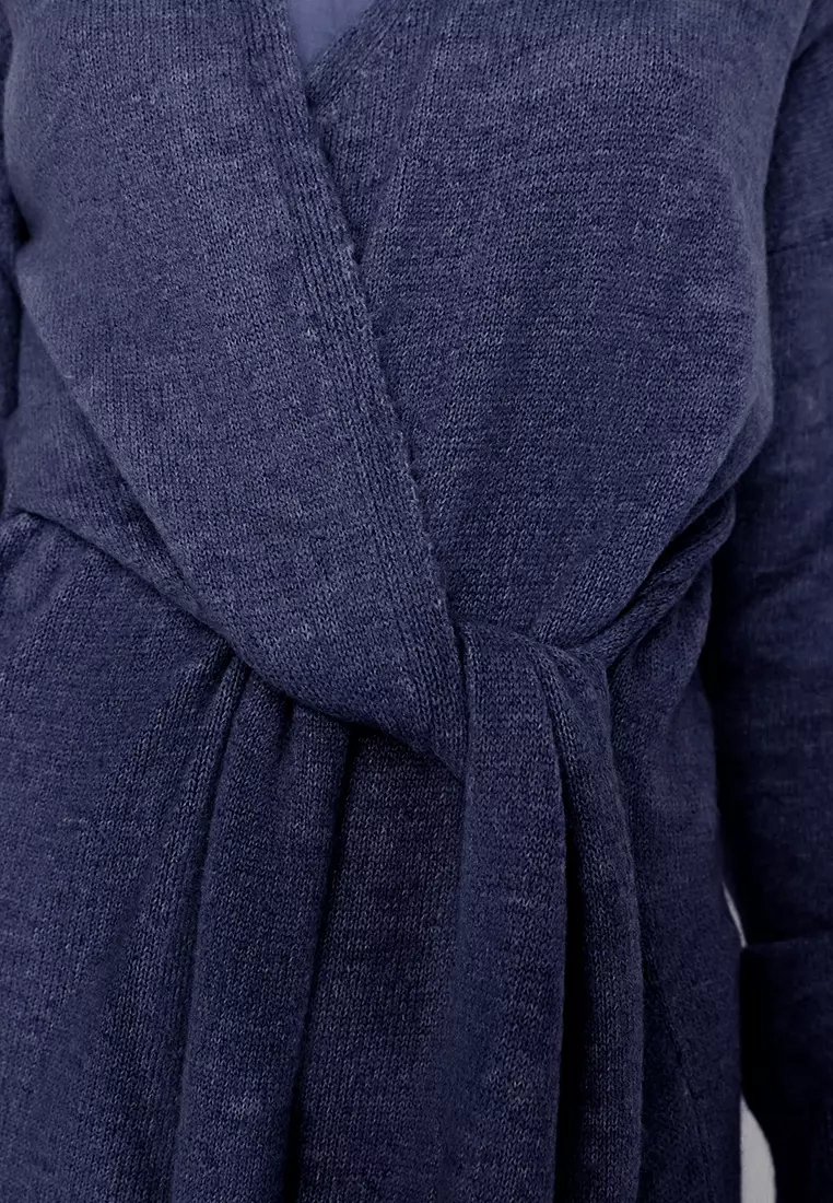 Navy Blue Soft Texture Midi Knitwear Double Breasted Collar Tie Up Dress