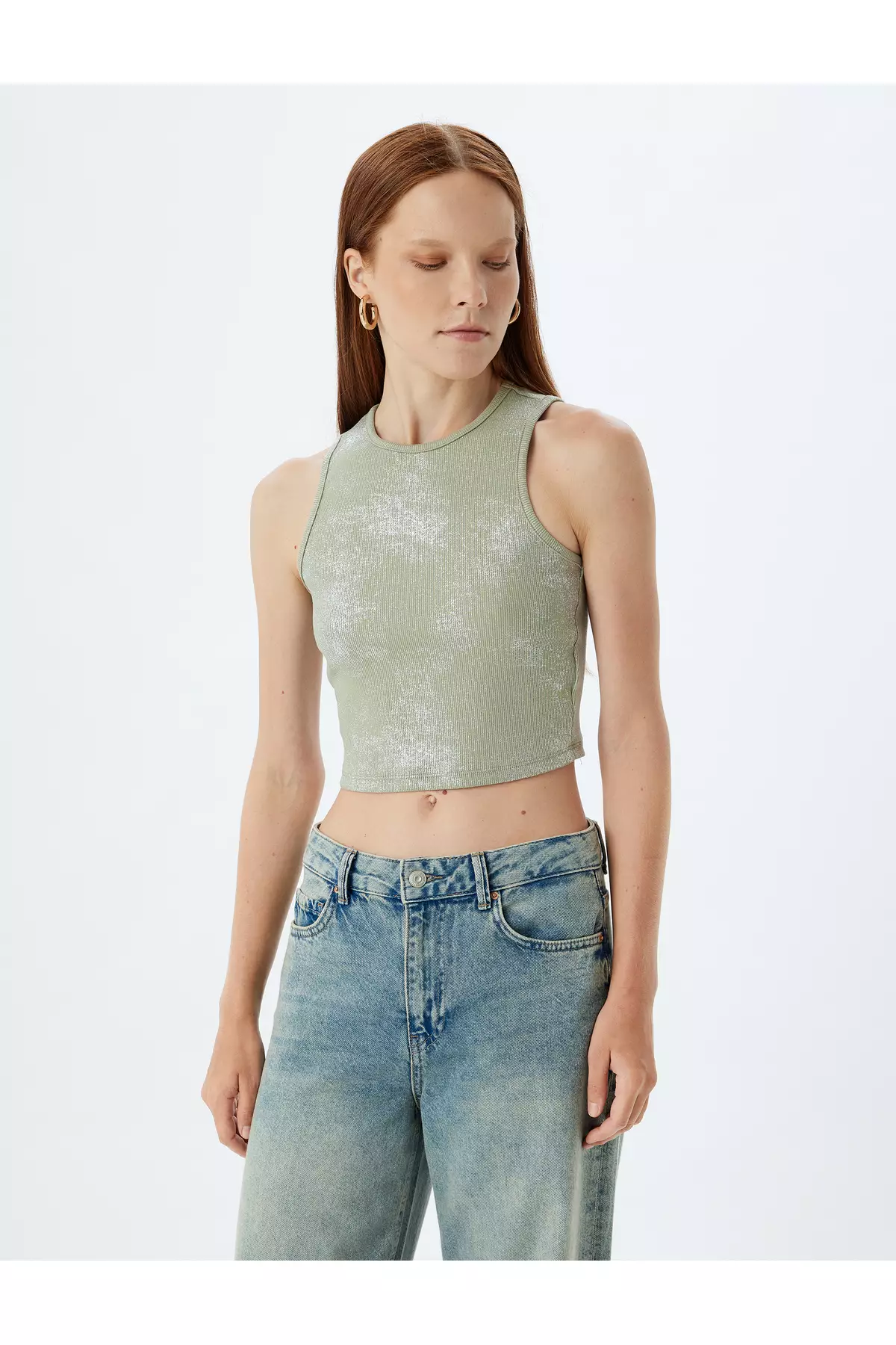 Halter Collar Ribbed Crop Tank Top with Metallic Print Detail