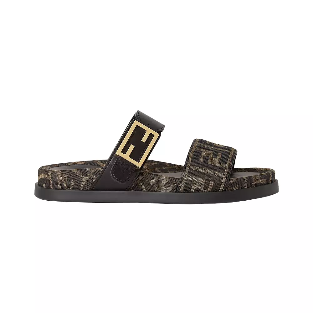 Jual Fendi Feel FF Leather Fabric Sandals Black Brown Original