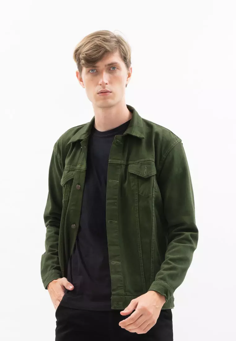 Houseofcuff Jaket Jeans Pria Polos Tebal Dilan Jaket Denim hijau tua