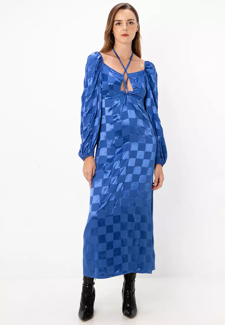 Satin Checkerboard Jacquard Midi Dress With Tie Neck Detail