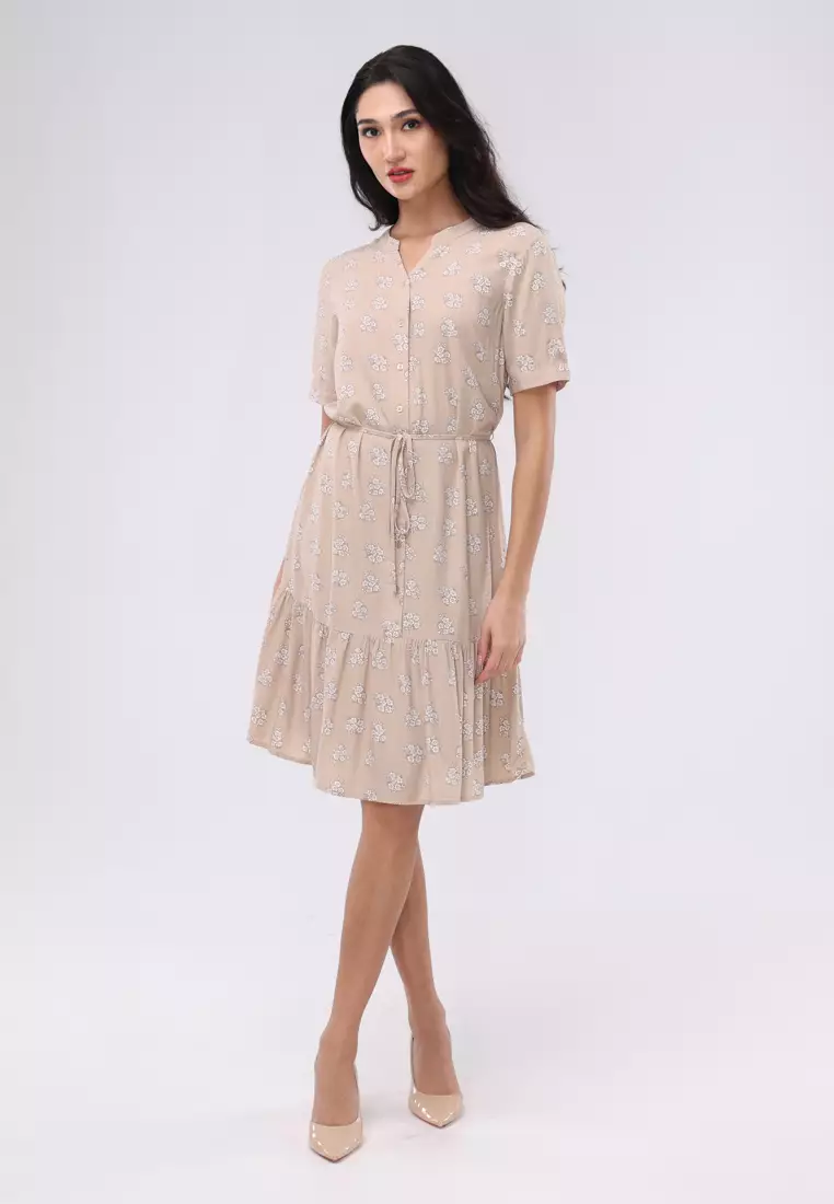 Printed Soft Linen Short Sleeves Chinese Collar Dress