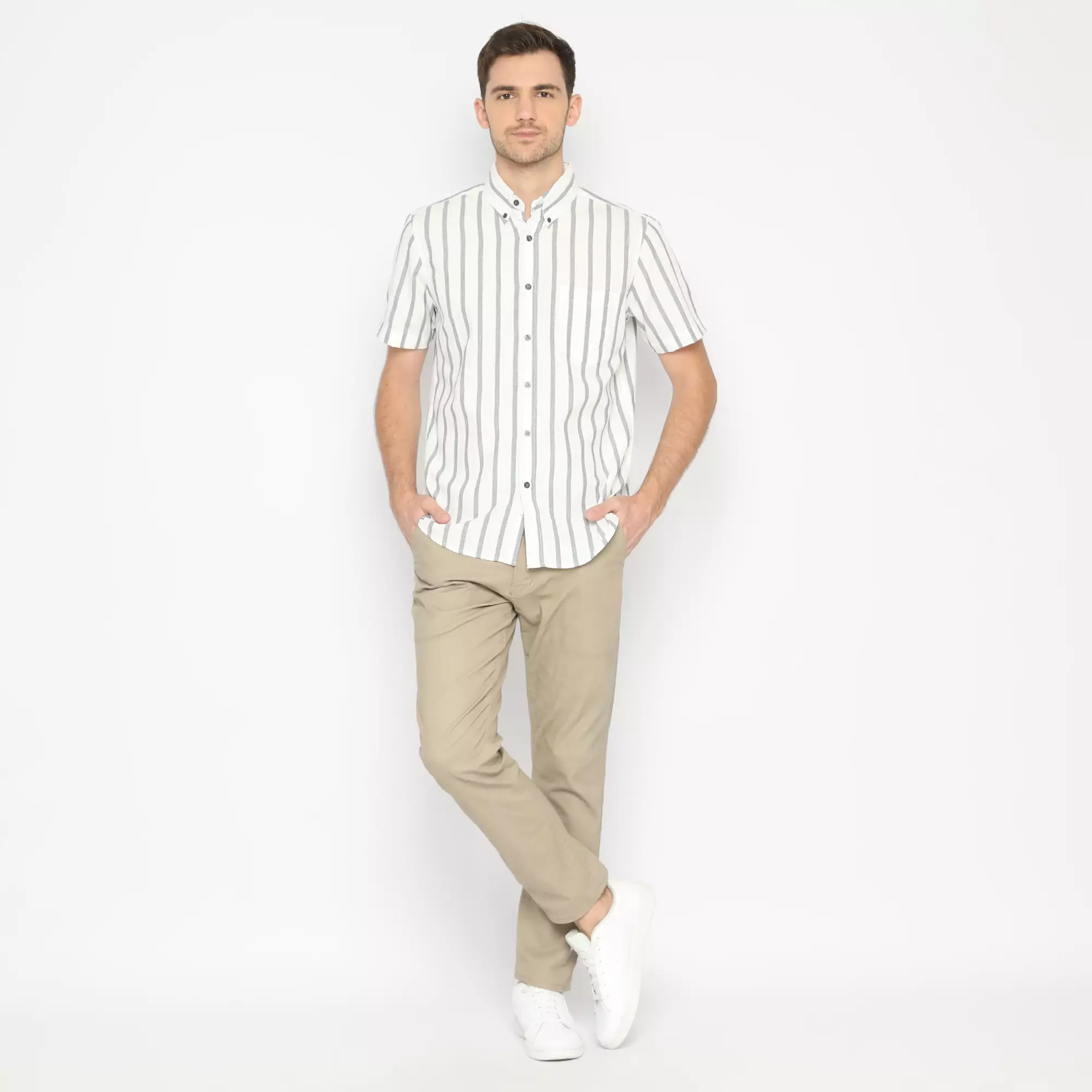 Platini Kemeja Motif Salur Pria Lengan Pendek Katun Oxford Abu 73272