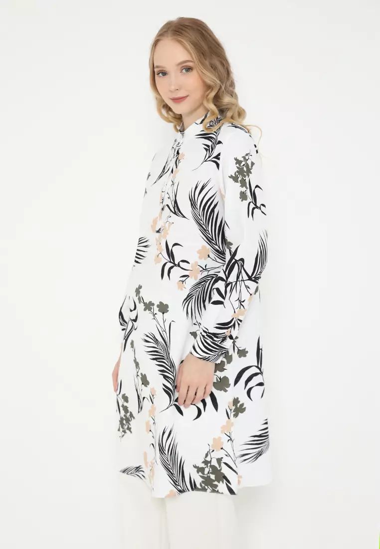 Tunic Floral White Long Sleeve Arlette By Brilliant Girl Warna Putih