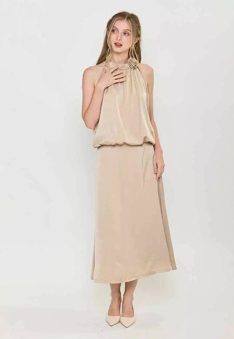 Madilynn A-Line Gartered Satin Maxi Skirt