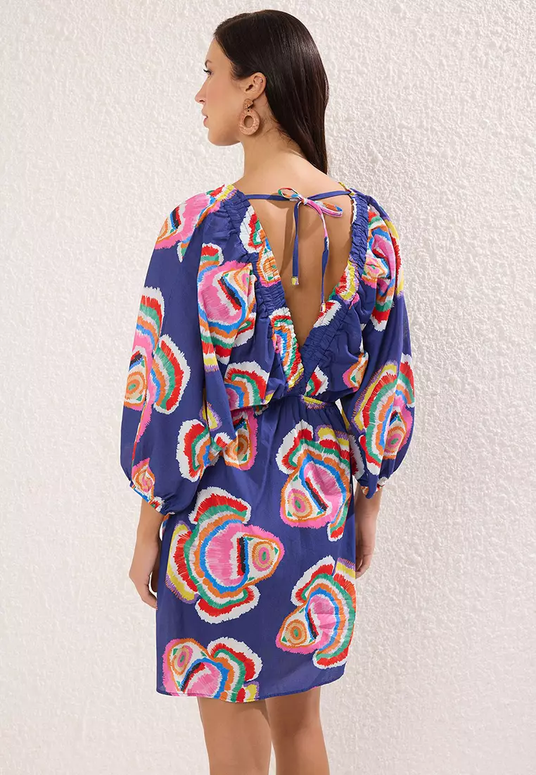 Underwater Pattern Mini Woven Balloon Sleeve 100% Cotton Beach Dress Tbess25El00082