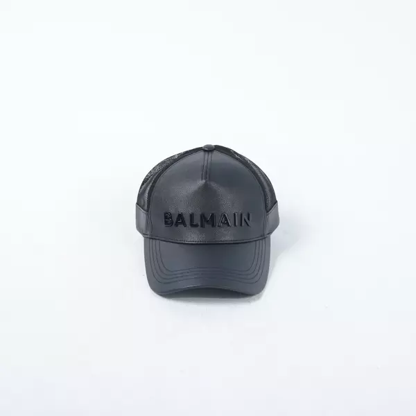 Topi BALMAIN TEXT FLOCKED ALL BLACK MESH LEATHER CAP 100% ORIGINAL