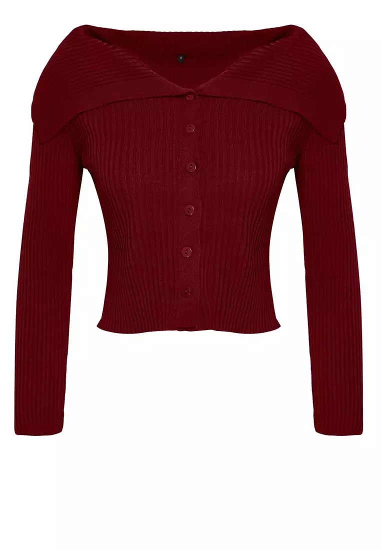 Claret Red Turn-down Collar Knitwear Cardigan TWOAW24HI00284
