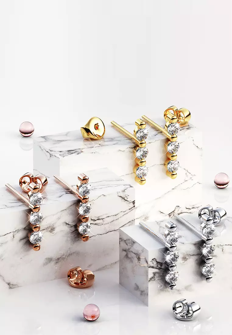 Triple Zircon Cluster Stud Earrings In Rose Gold