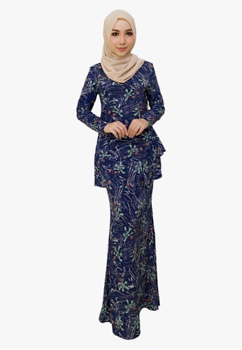 Floral Printed Kurung Moden from Zoe Arissa in blue and Navy