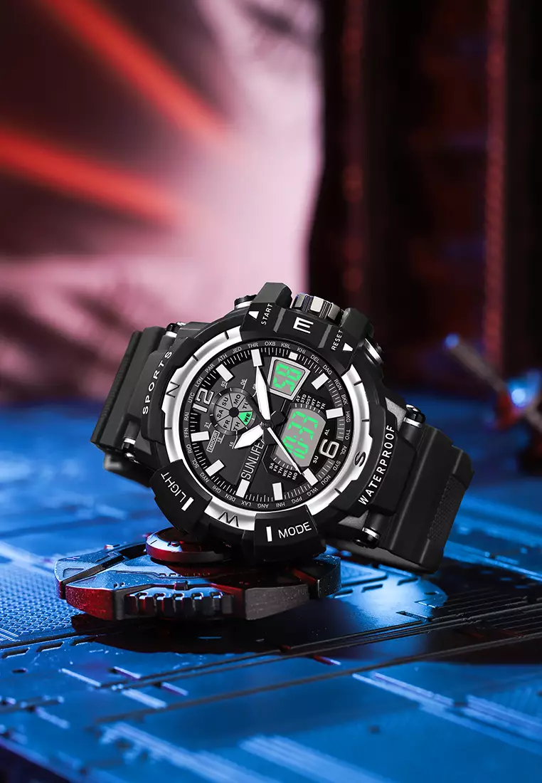 Jam Tangan Pria Digital&Analog Olahraga Bercahaya Multifungsi Alarm Jam Tangan Cowok D007 blacksilver