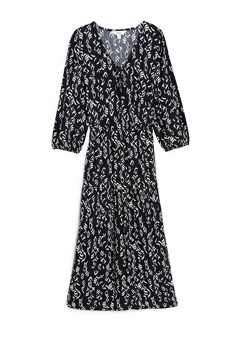 Printed Tie Neck Midi Tiered Dress