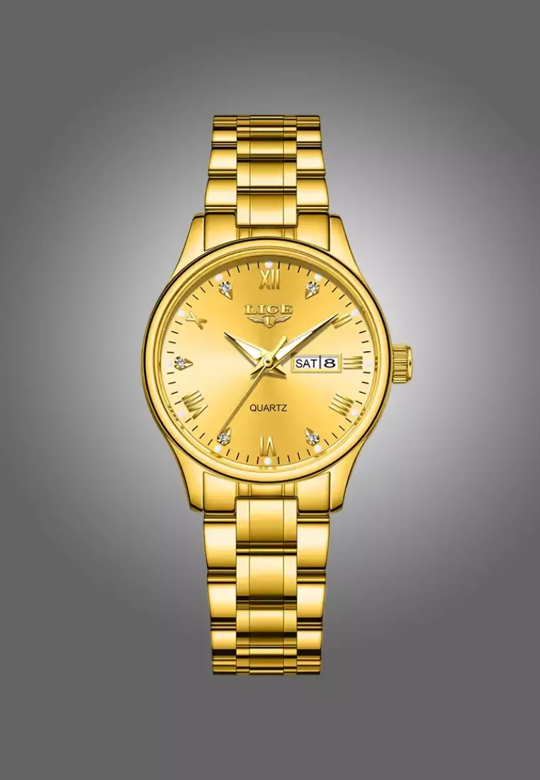 Ladies Day/Date Light Metal Alloy Quartz Watch, 29mm Diameter, Stainless Steel Bracelet