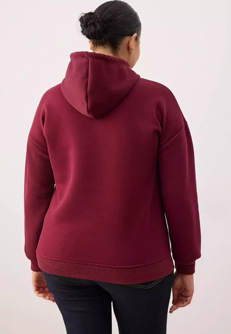 Burgundy College Themed Hooded Fleece Inside Oversized Sweatshirt Tbbaw26Ao00042
