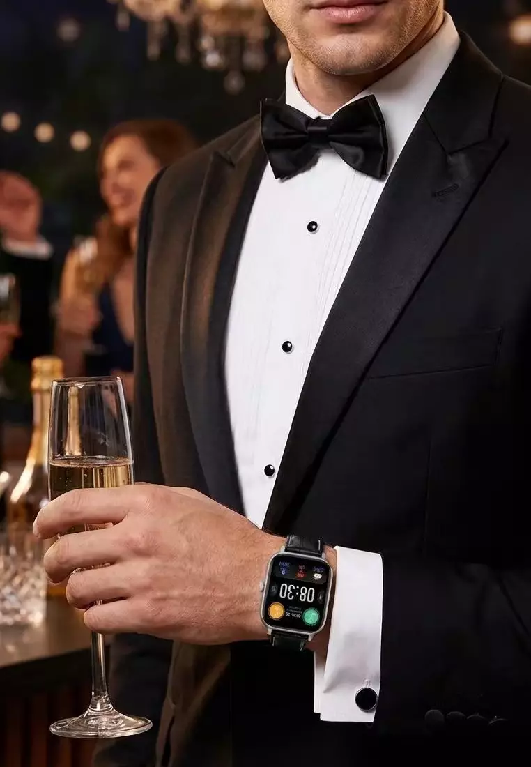 Smart and Elegant - Unisex Rectangular Smart Watch iOS/Android - Leather Strap + 1 Silver Silicone Strap