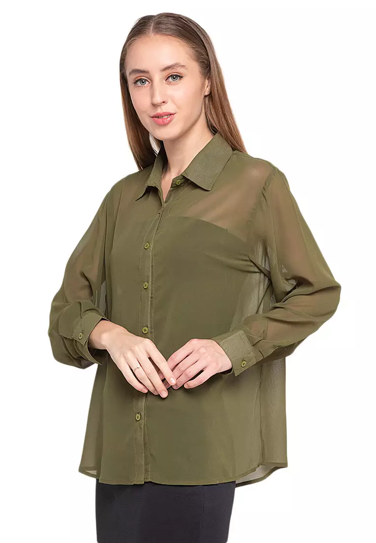 Calder Kemeja Atasan Transparan Front Button Opening Design Simple Plain Shirt Wanita - Green