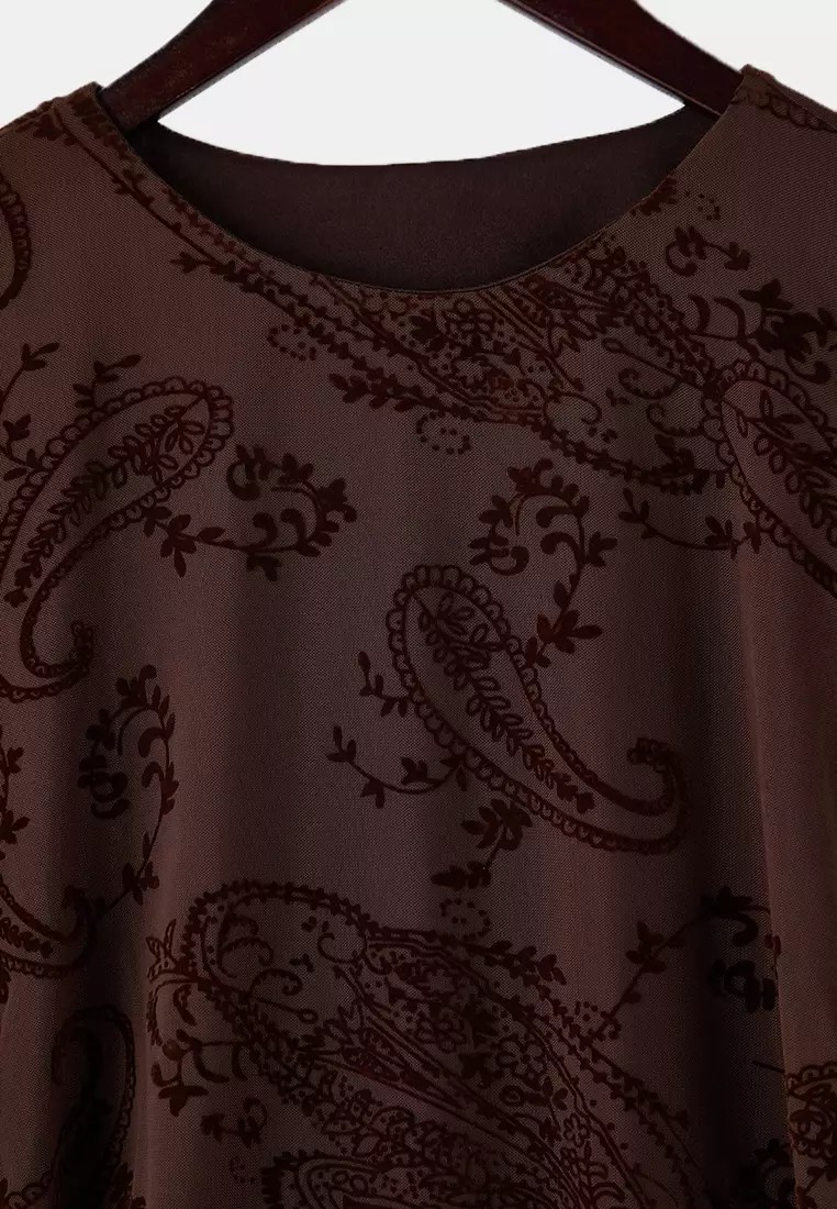 Brown Fitted/Fitted To The Body Flock Printed Tulle Long Sleeve Boat Neck Knitted Tbbaw26Af00130