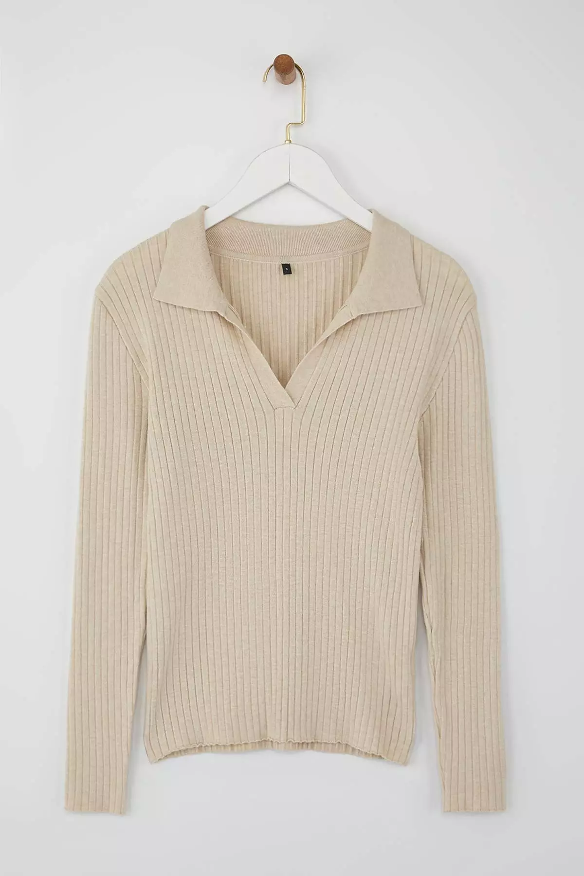 Wardrobe Essentials Stone Premium Yarn Polo Neck Ribbed Knit Sweater | Twoaw26Kz00077