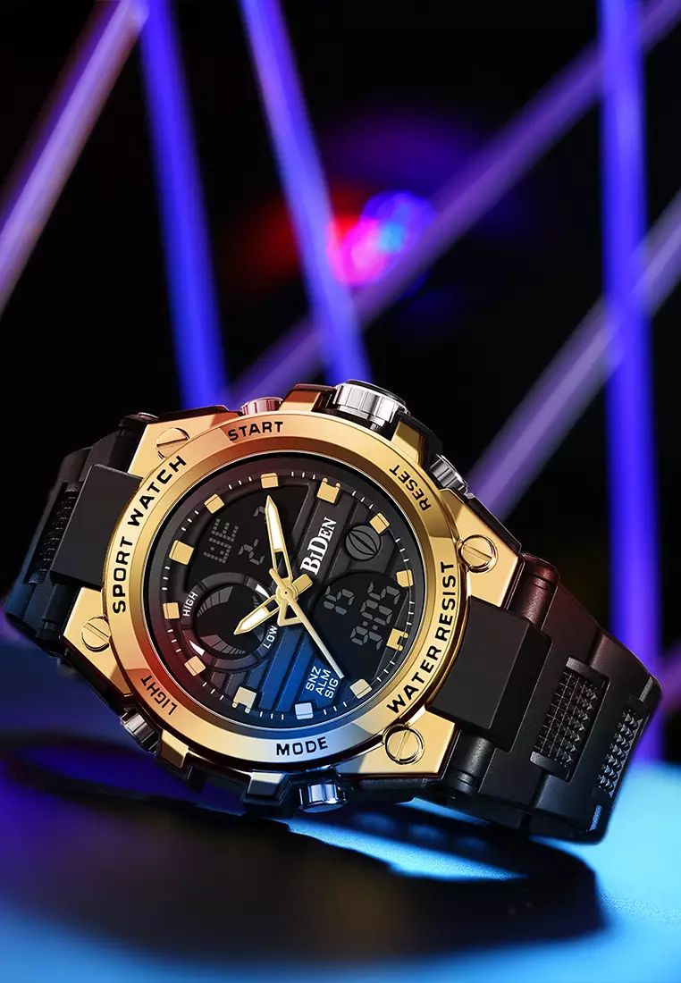 Jam Tangan Pria Digital&Analog Olahraga Militer Pria Tali Silikon Tahan Air Luminous Jam Tangan Cowok Original emas