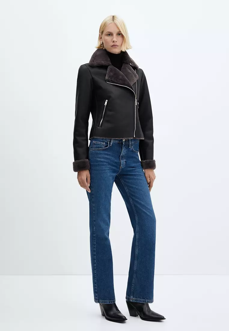 faux shearling lined biker jacket mango